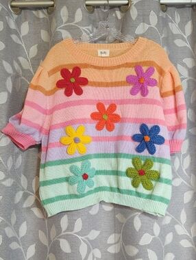 BiBi Pastel Rainbow Striped Sweater with Floral Appliqués size XL